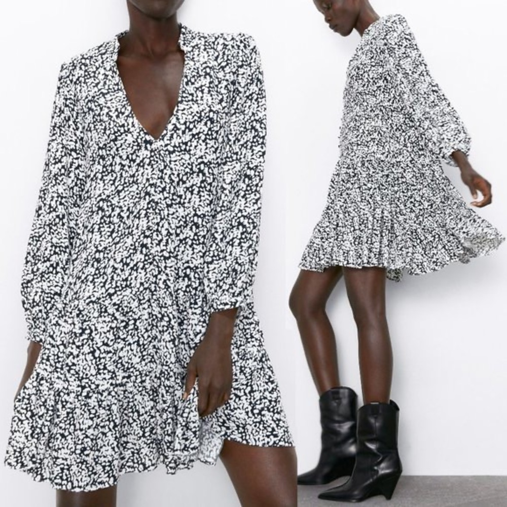Zara Claris Mini Dress Sz S Black and White Print Ruffle Hem
